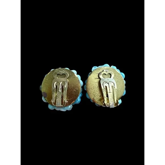 Vintage Germany Blue Glass Flower Cluster Clip On Earrings Mid Century - Picture 2 of 7
